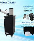 Heavy Duty 220V Industrial Air Conditioner 15400 BTU Portable Spot Cooler with 8L Water Tank and 780 Cubic Meters Per Hour Airflow for Workshop Warehouse Factory Jobs to Tackle The Heat Wave and Keep The Crew Cool as a Cucumber showing fans and water storage.