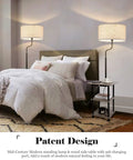 Solid Wood Floor Lamp With USB Type C Port And Outlet, End Table With Shelf, Reading Light With Drum Shade In Grey next to bed