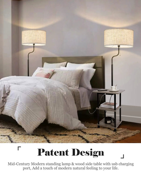 Solid Wood Floor Lamp With USB Type C Port And Outlet, End Table With Shelf, Reading Light With Drum Shade In Grey next to bed
