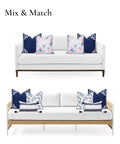 Coastal Navy Throw Pillow Cover 20x20 With White Embroidered Greek Key Frame on white couch, mix and match style, reversible navy back