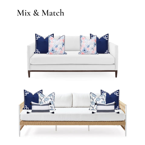 Coastal Navy Throw Pillow Cover 20x20 With White Embroidered Greek Key Frame on white couch, mix and match style, reversible navy back