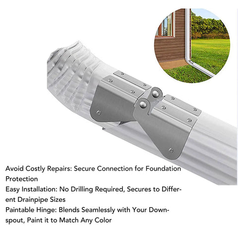 4 Pack Gutter Downspout Extension Hinge Flip Up Stainless Steel attached to downspout, showing installation for foundation protection.