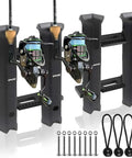 Rugged Grab N Go Fishing Rod Holder Rack  set with 6 Inch Ball Bungee Cords and screws, shown with rods mounted.