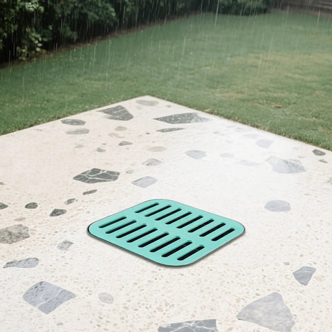 Heavy Duty Catch Basin With Grate And Debris Basket For Yard Drainage and Lawn Downspouts French Drain Systems No Reserved Hole Municipal Pipeline Pro Grade Durable Composite Resin Construction 15.7Inch Cube installed in patio