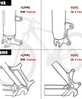 Diagram showing different IS and PM mount measurements on a bike frame, related to Front And Rear Disc Brake Caliper Mount Adapter For 203mm Rear Rotors CNC Machined Aluminum Alloy Rotor Adapter With Bolts Includes Hardware Built Tough Durable And Corrosion Resistant Performance Upgrade.
