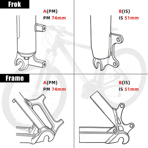 Diagram showing different IS and PM mount measurements on a bike frame, related to Front And Rear Disc Brake Caliper Mount Adapter For 203mm Rear Rotors CNC Machined Aluminum Alloy Rotor Adapter With Bolts Includes Hardware Built Tough Durable And Corrosion Resistant Performance Upgrade.