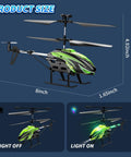Kids RC Helicopter With 8 Light Modes And Easy Controls, 26 Minute Flight With Two Batteries, Green Toy dimensions and light modes.