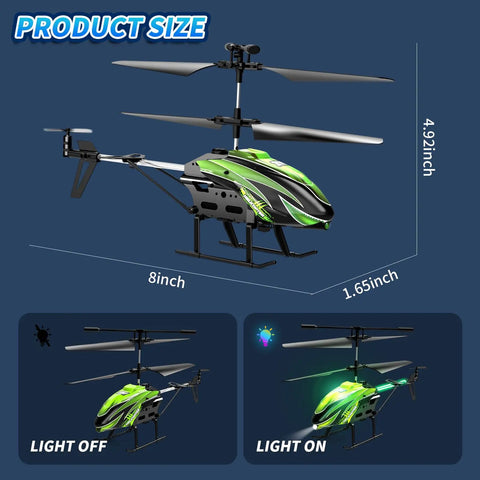 Kids RC Helicopter With 8 Light Modes And Easy Controls, 26 Minute Flight With Two Batteries, Green Toy dimensions and light modes.