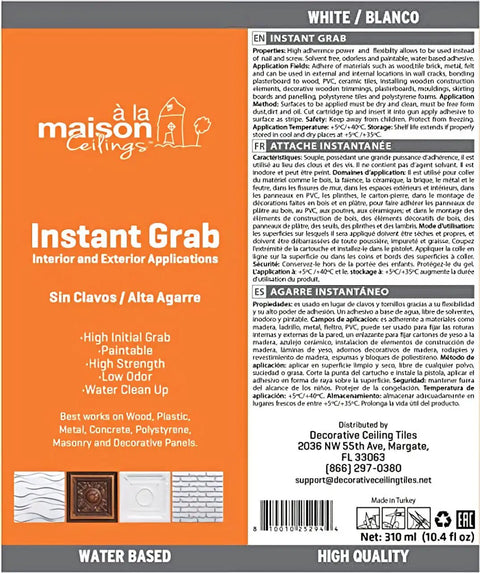 Packaging of Instant Grab Ceiling Tile Adhesive For Wall Panels And Crown Molding, Heavy-Duty Water-Resistant Glue