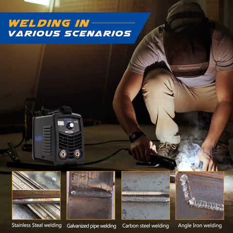 Person welding with the 110V Mini DC Inverter MMA Welder with LCD Digital Display, IGBT inverter, showing welding applications.