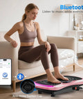 Woman using Home Vibration Plate for Lymphatic Drainage and Full Body Toning with 9 Modes, sitting on a sofa, Bluetooth connected.