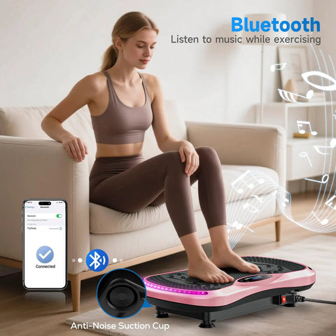 Woman using Home Vibration Plate for Lymphatic Drainage and Full Body Toning with 9 Modes, sitting on a sofa, Bluetooth connected.
