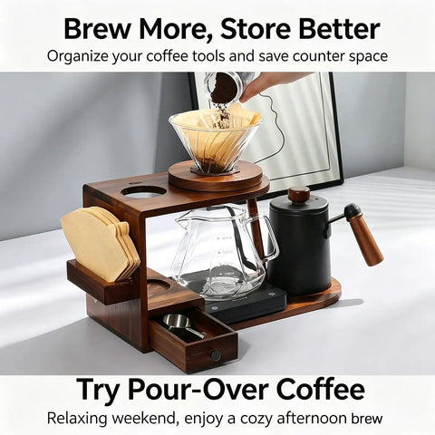 Next Level Pour Over Coffee Station And Complete Eight Piece Brewing Kit With Gooseneck Kettle Manual Ceramic Burr Grinder Large Glass Server And Solid Wood Rack, Kitchen countertop setup with brewing accessories.