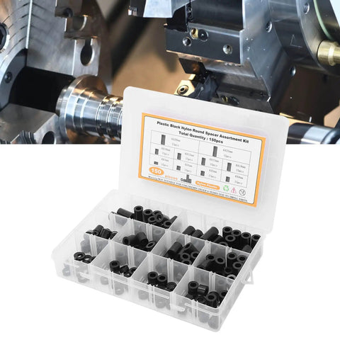 Pro Grade Nylon Spacer Assortment Kit With Heat And Wear Resistance For Electronics And DIY Projects, Lightweight Storage Helpers, Includes Multiple Sizes For Tight, Secure Mounts And Cushioning. black nylon round spacers in a compartment storage box