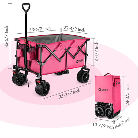 Pink All Terrain Folding Wagon Cart With Big Wheels Heavy Duty Collapsible Utility Cart 225 Lb Capacity for Outdoor Hauling