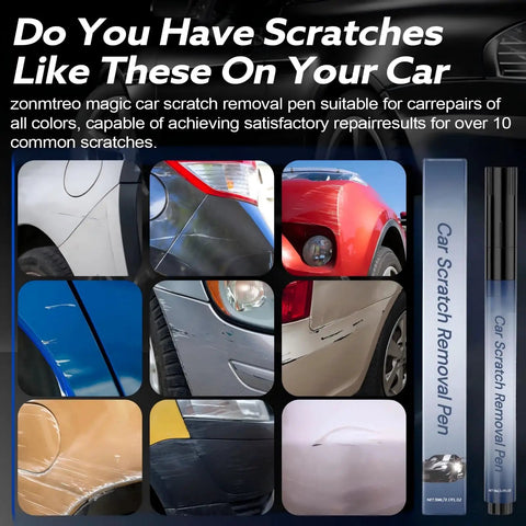 Collage showing car scratches with Car Scratch Repair Pen All Colors Universal Quick Fix For Scratches Swirl Marks And Scuffs.