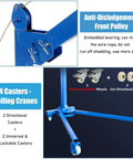 Heavy Duty Portable Hoist Stand Foldable Workshop Engine Crane With Two Way Self Locking Winch showing front pulley and locking casters.