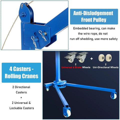 Heavy Duty Portable Hoist Stand Foldable Workshop Engine Crane With Two Way Self Locking Winch showing front pulley and locking casters.
