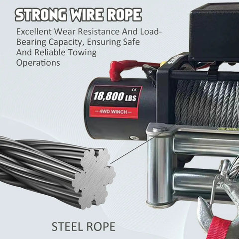 Rugged Electric Steel Cable Winch With 5.7HP High Power Motor For Heavy Duty Towing And 18800lbs Capacity with strong steel wire rope.