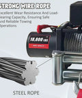 Heavy Duty 18,800 Lb Electric Winch With 78 Ft Steel Wire Rope close-up showing wire rope and motor for extreme off road recovery.