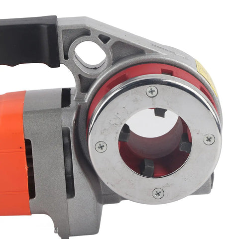 Close-up of Portable Electric Pipe Threader Kit With Six Top Tier Dies showing threading head for steel and iron pipe use.