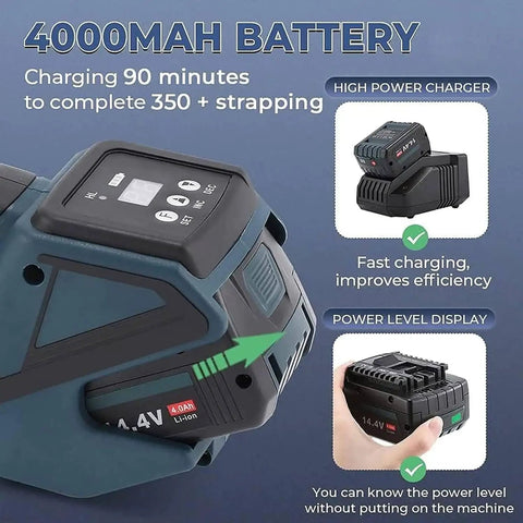 Heavy Duty Handheld Electric Strapping Machine With 4000Mah Battery hot melt baler tool showing battery and power level display.