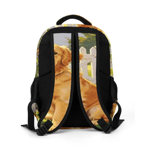Back view of Red Mailbox Yard Pup Printed Backpack For Everyday Use, showing cushioned straps and breathable material