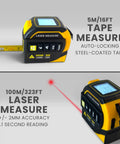 No Fuss 8-In-1 Laser Tape Measure With 328 Ft Rangefinder And 16 Ft Auto Lock Tape for measuring with laser and tape sections.