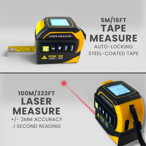 No Fuss 8-In-1 Laser Tape Measure With 328 Ft Rangefinder And 16 Ft Auto Lock Tape for measuring with laser and tape sections.