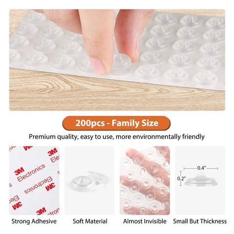 200 Pack Clear Rubber Cabinet Door Bumpers With Stick On Self Adhesive Pads shown in packaging and detail on wood surface