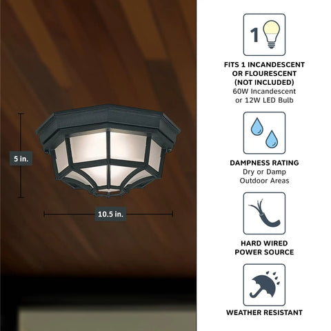 Builder Cast Outdoor Flush Mount Ceiling Light Black 10.5 Inch Wide With Frosted Glass Durable Aluminum Housing on wooden ceiling