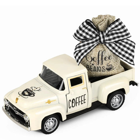 Dope Coffee Bar Truck Decor with metal diecast pickup, detachable burlap sack with bow, realistic coffee beans, vintage design