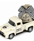 Metal Coffee Truck With Burlap Sack Farmhouse Kitchen Decor Mini Pickup featuring a burlap sack labeled "Coffee Beans" and gingham bow.