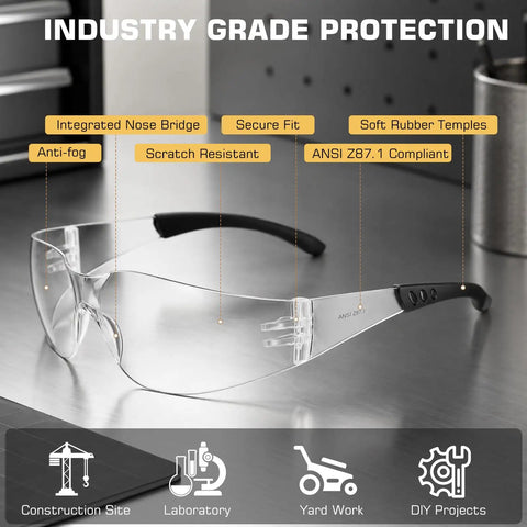 Kickass Clear Safety Glasses Built Solid With Antifog Lenses And Comfortable Fit For Hardworking Crews And Daily Grind Bulk Pack Ansi Certified Protective Eyewear on a counter.