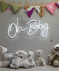 Lit Neon Sign For Wall Decor 31.5 By 15.7 Inches With Dimmable Switch Reusable Neon Light Sign For Baby Shower Birthday Party And Wedding Decor In Cool White above stuffed animals and bunting