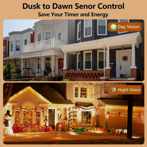 Dusk to Dawn Sensor Control image showing daytime and nighttime outdoor lighting setups with Christmas decorations.