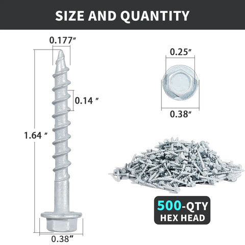Heavy Duty Joist Hanger Screws Pro Grade Nine By One And One Half Inch With Quarter Inch Hex Head And Three Eighths Inch Diameter Galvanized For Structural Wood Connectors Salt Spray Tested For Fifteen Hundred Hours Fast Easy Install Nail Replacement 500 shown with dimensions and quantity