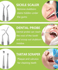 Pro At Home Dental Cleaning Kit With Stainless Steel Dental Pick And Tartar Remover features sickle scaler, dental probe, tartar scraper.