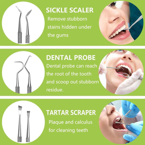 Pro At Home Dental Cleaning Kit With Stainless Steel Dental Pick And Tartar Remover features sickle scaler, dental probe, tartar scraper.
