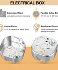 Four Inch Octagon Electrical Box With Cover Set Heavy Duty Galvanized Steel Octagonal Junction Box With Half Inch And Three Quarter Inch Knockouts Includes Matching Octagon Cover With Half Inch Knockout Hole, open and covered views