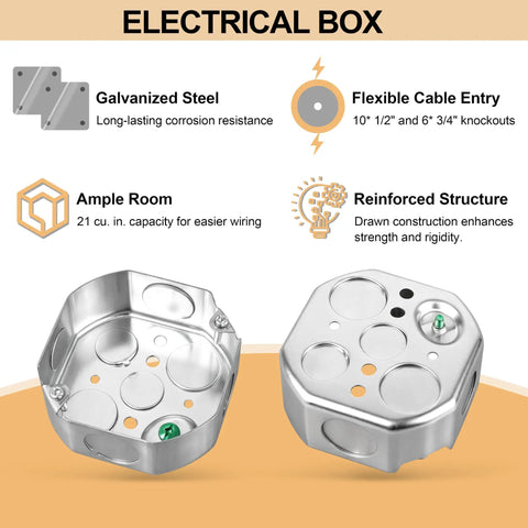 Four Inch Octagon Electrical Box With Cover Set Heavy Duty Galvanized Steel Octagonal Junction Box With Half Inch And Three Quarter Inch Knockouts Includes Matching Octagon Cover With Half Inch Knockout Hole, open and covered views