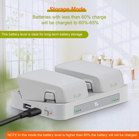 Two-Way Charging Hub For FLIP Drone Batteries, Fast Case Station With Cable, showing two batteries charging in storage mode.