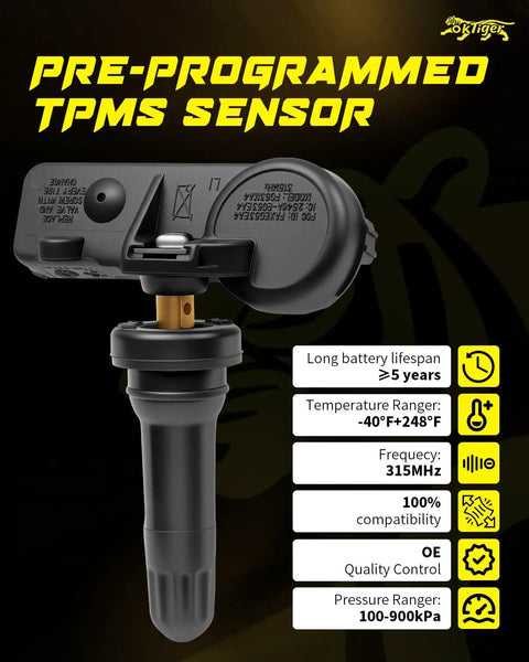 Highway Hero 315MHz Tire Pressure Monitor Sensor Preprogrammed compatible with Chevy and GMC, black plastic design.