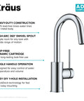 Oletto Single Handle Kitchen Bar Faucet In Chrome Finish, 12 1/4 Inch Height with swivel spout and QuickDock installation
