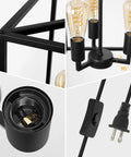 Close-up of Industrial Farmhouse Plug In Pendant Light With 16.9ft Cord, Black Square Chandelier showing bulb holders and plug