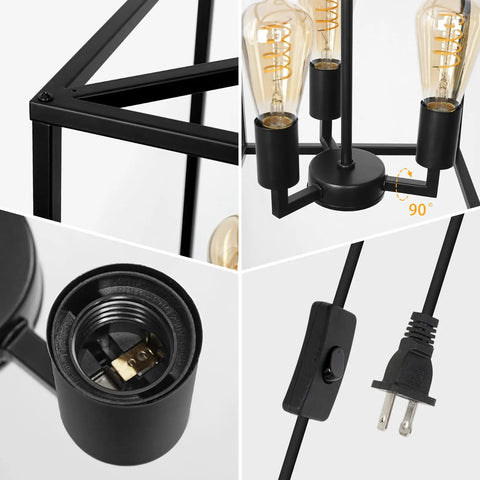 Close-up of Industrial Farmhouse Plug In Pendant Light With 16.9ft Cord, Black Square Chandelier showing bulb holders and plug