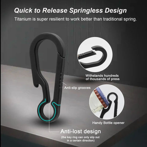Black Titanium Carabiner Keychain With Quick Release Clip And Bottle Opener Small 2 Inch Key Clip showing features and design