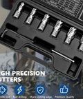 XJX 8-piece annular cutter set, front view, with Weldon shanks in a plastic case; includes pilot pin and hex wrench
