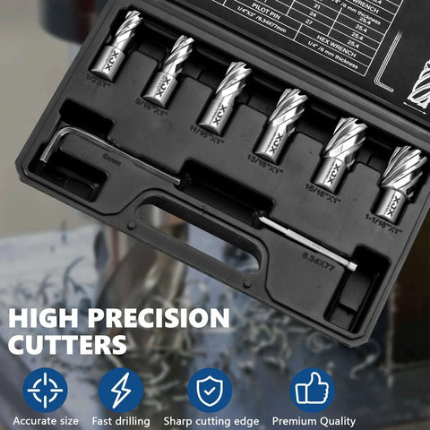 XJX 8-piece annular cutter set, front view, with Weldon shanks in a plastic case; includes pilot pin and hex wrench