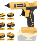 Cordless Hot Glue Gun Kit Powered By A 20V Battery Includes 20 Glue Sticks 0.43 Inch And Insulated Copper Nozzle Full Size Tool Battery Not Included For DIY Projects And Quick Fixes displayed with compatible batteries